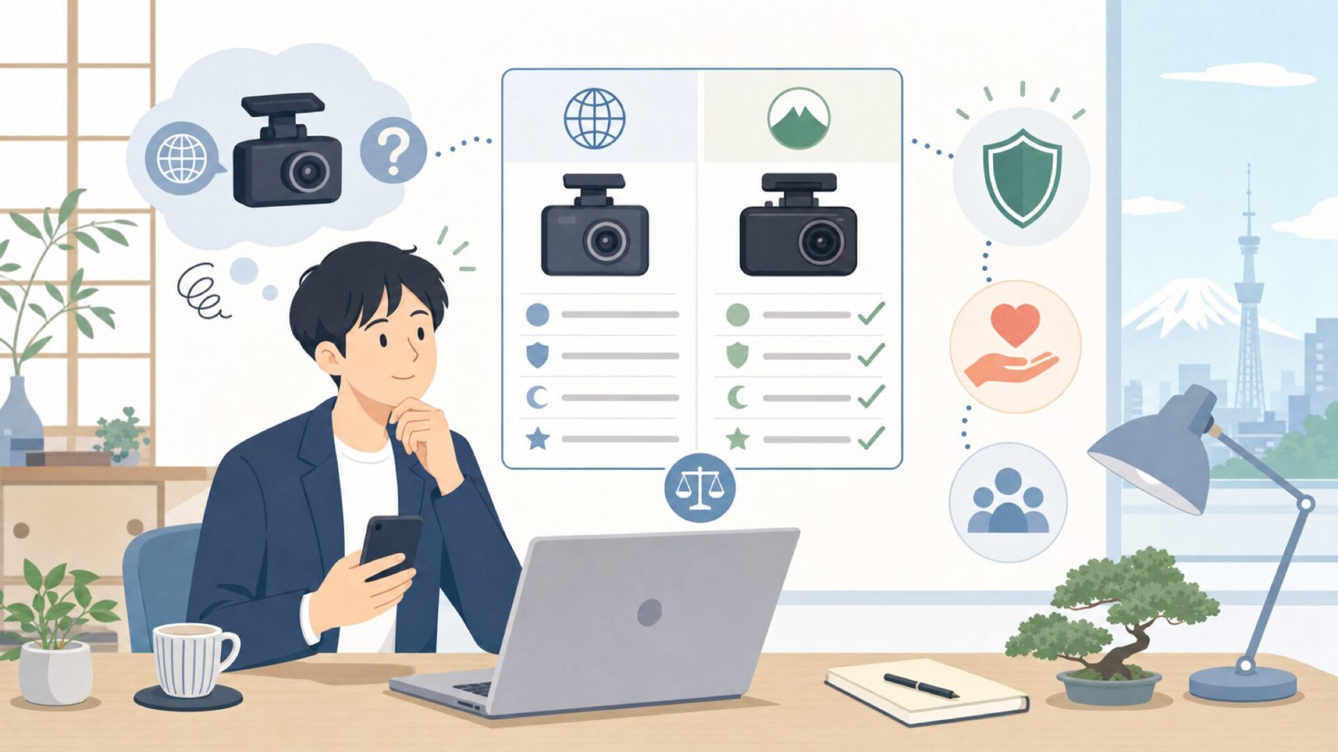 日本メーカー製ドラレコとの違いを比較するを表すイラスト