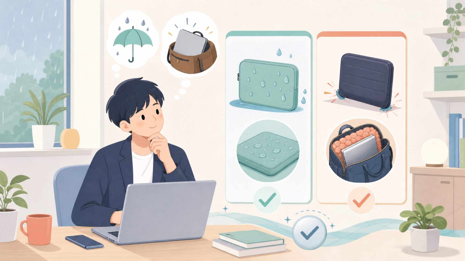 撥水性・耐衝撃性などの保護性能を用途別に見極めるを表すイラスト