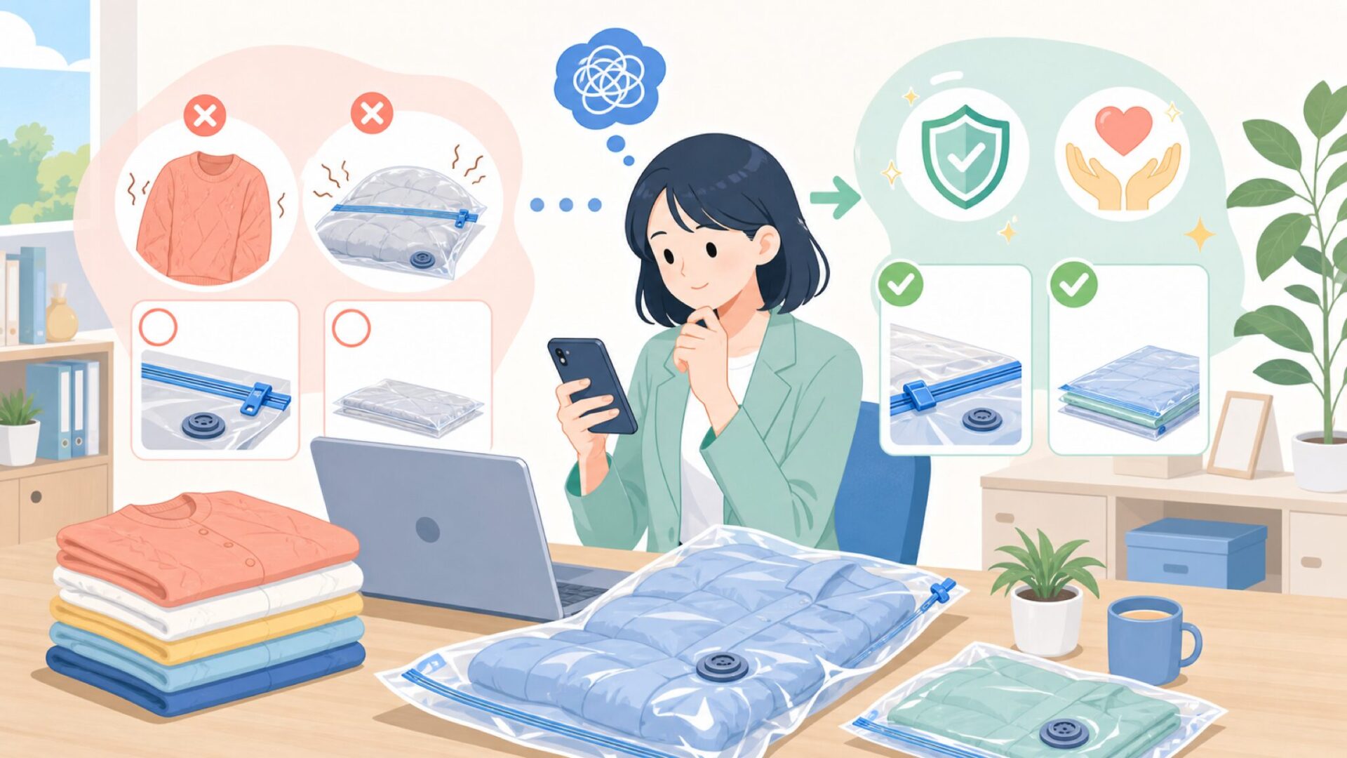 BAGAIL圧縮袋を使うときに知っておきたい注意点を表すイラスト