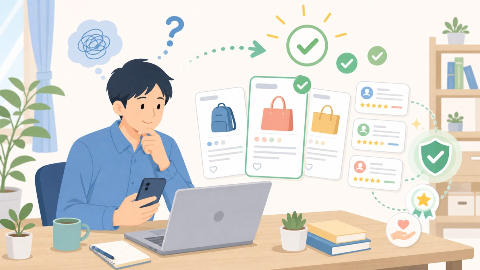 購入前に確認したい販売サイト・レビューの見方を表すイラスト