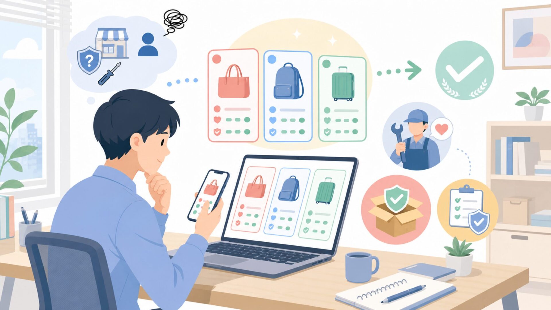 購入前にチェックすべき販売元・保証条件を表すイラスト