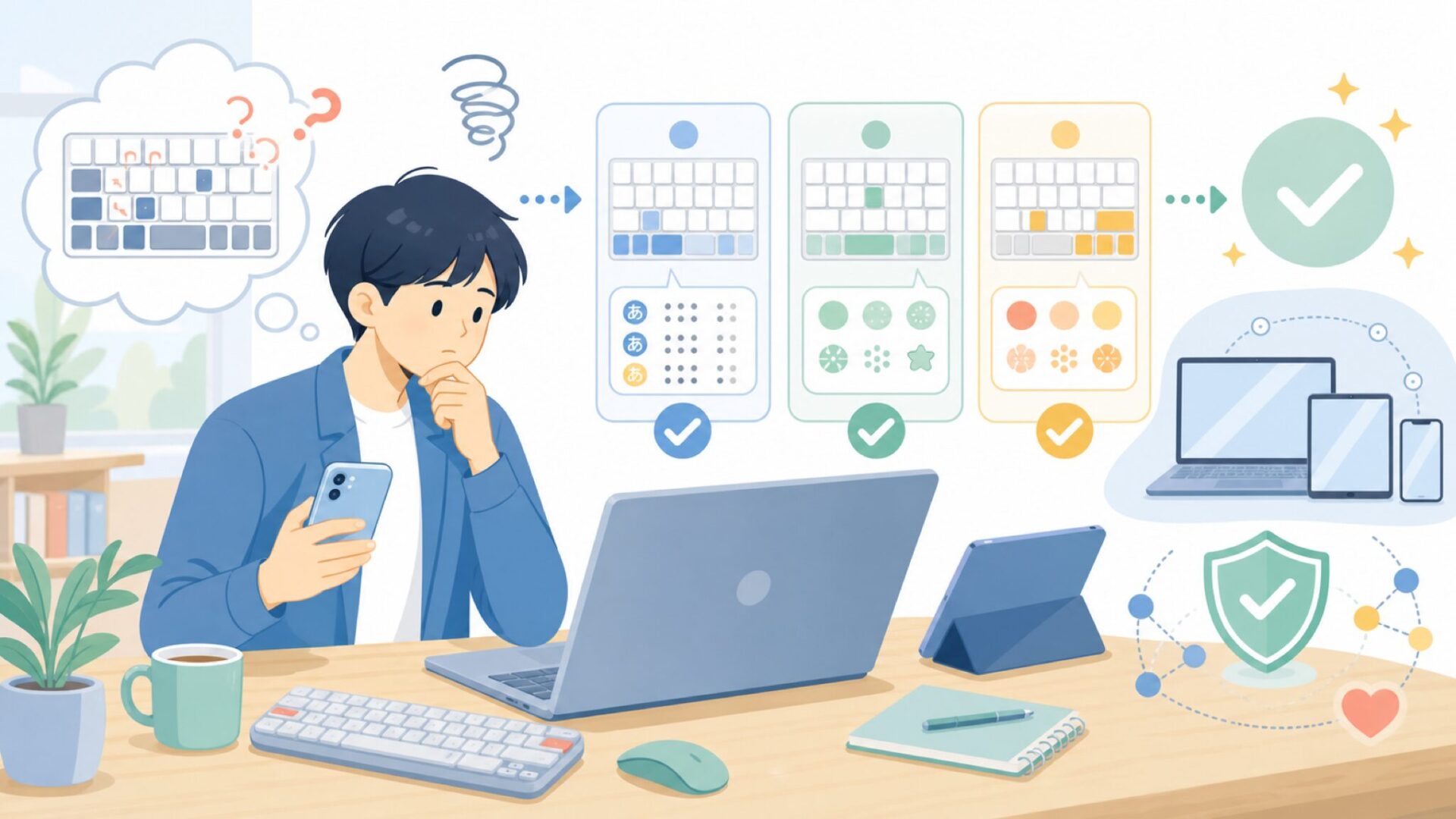 日本語配列・かな入力・複数端末切替への対応力を表すイラスト
