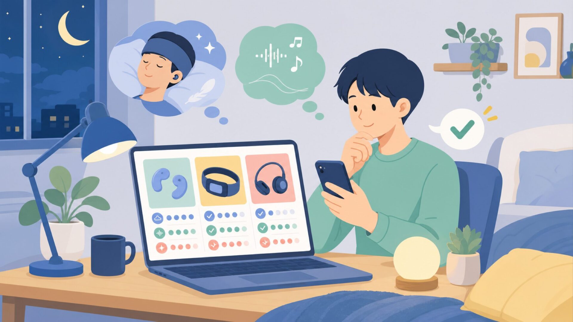 睡眠時に使っても大丈夫?装着感・音質・機能面のリアルを表すイラスト