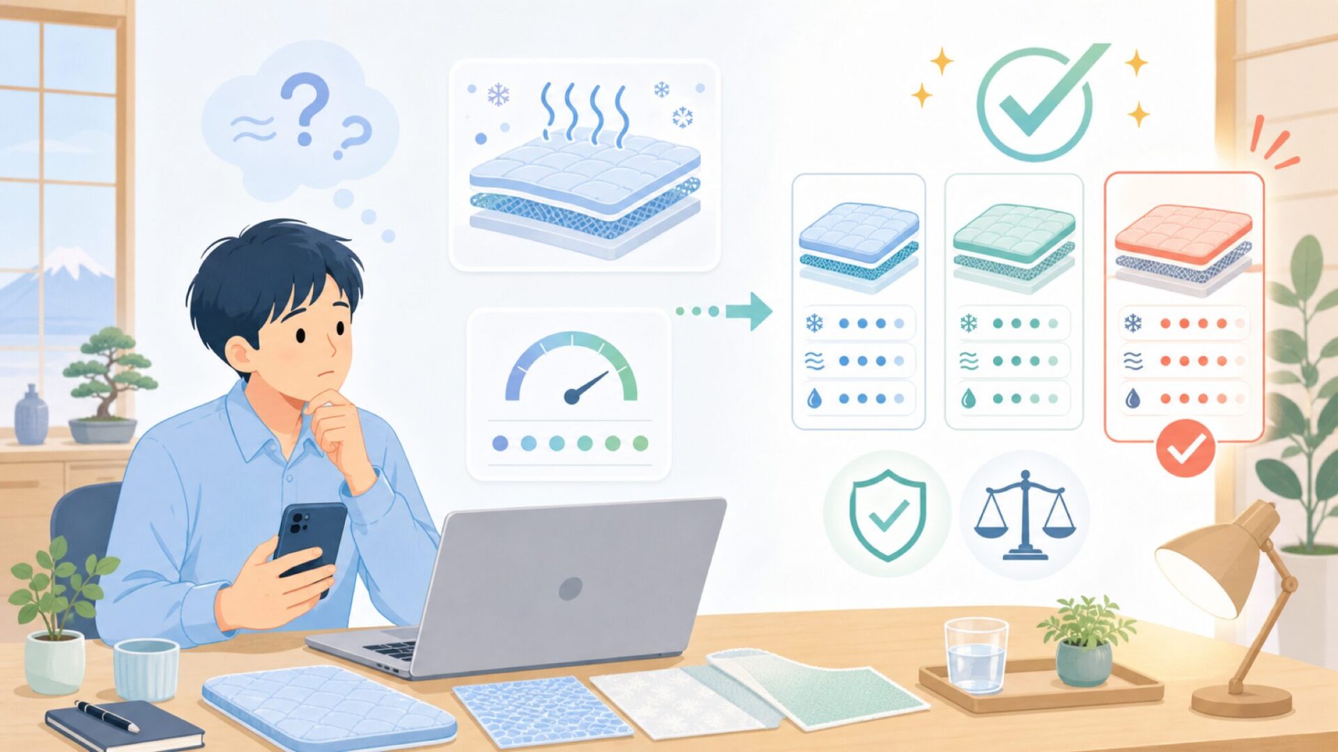 冷感敷きパッドの仕組みとQ-MAX値——ひんやり感を客観的に見極めるを表すイラスト