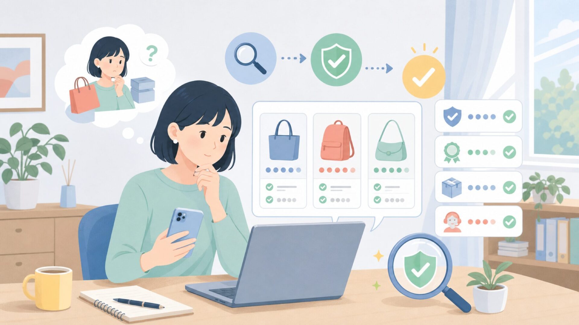 信頼できるかどうかを見極める購入前チェックを表すイラスト