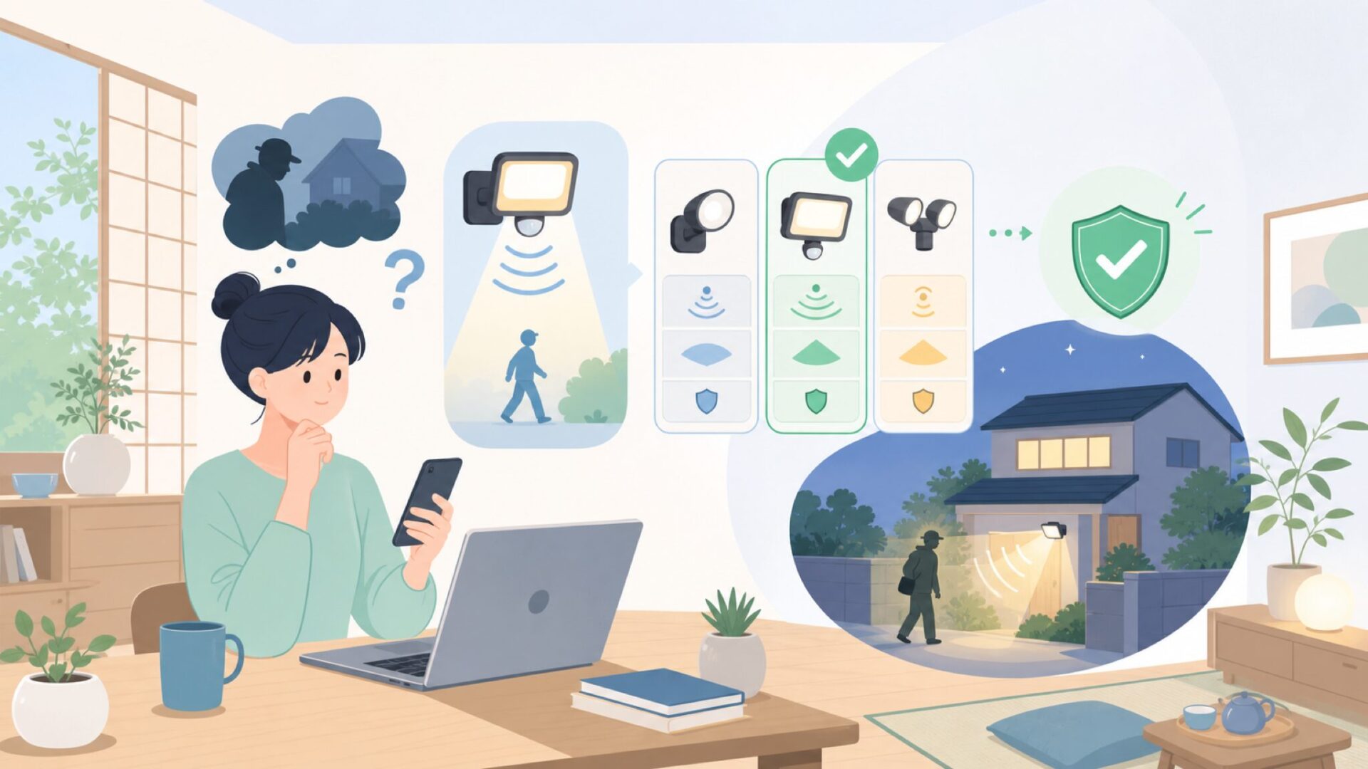 センサーライトの仕組みと防犯効果を正しく理解するを表すイラスト