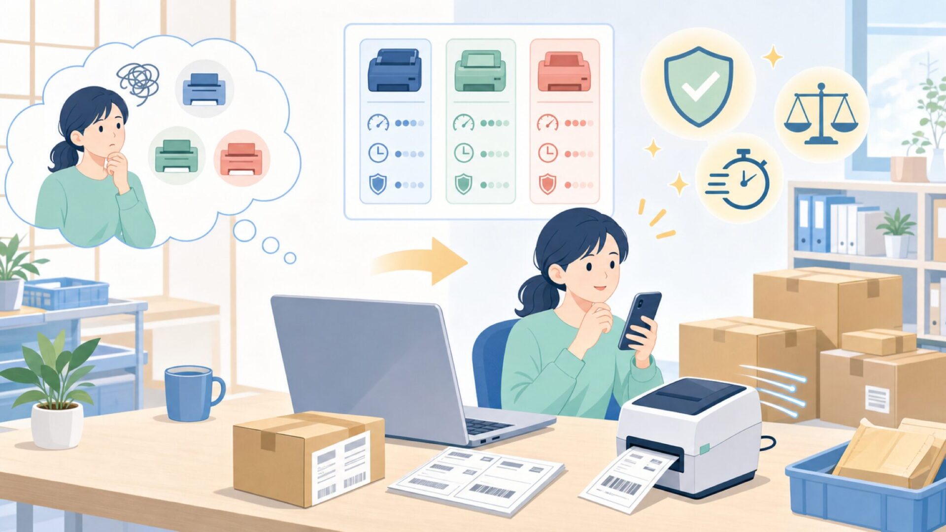 EC発送に強いMUNBYNラベルプリンターの印刷性能を表すイラスト