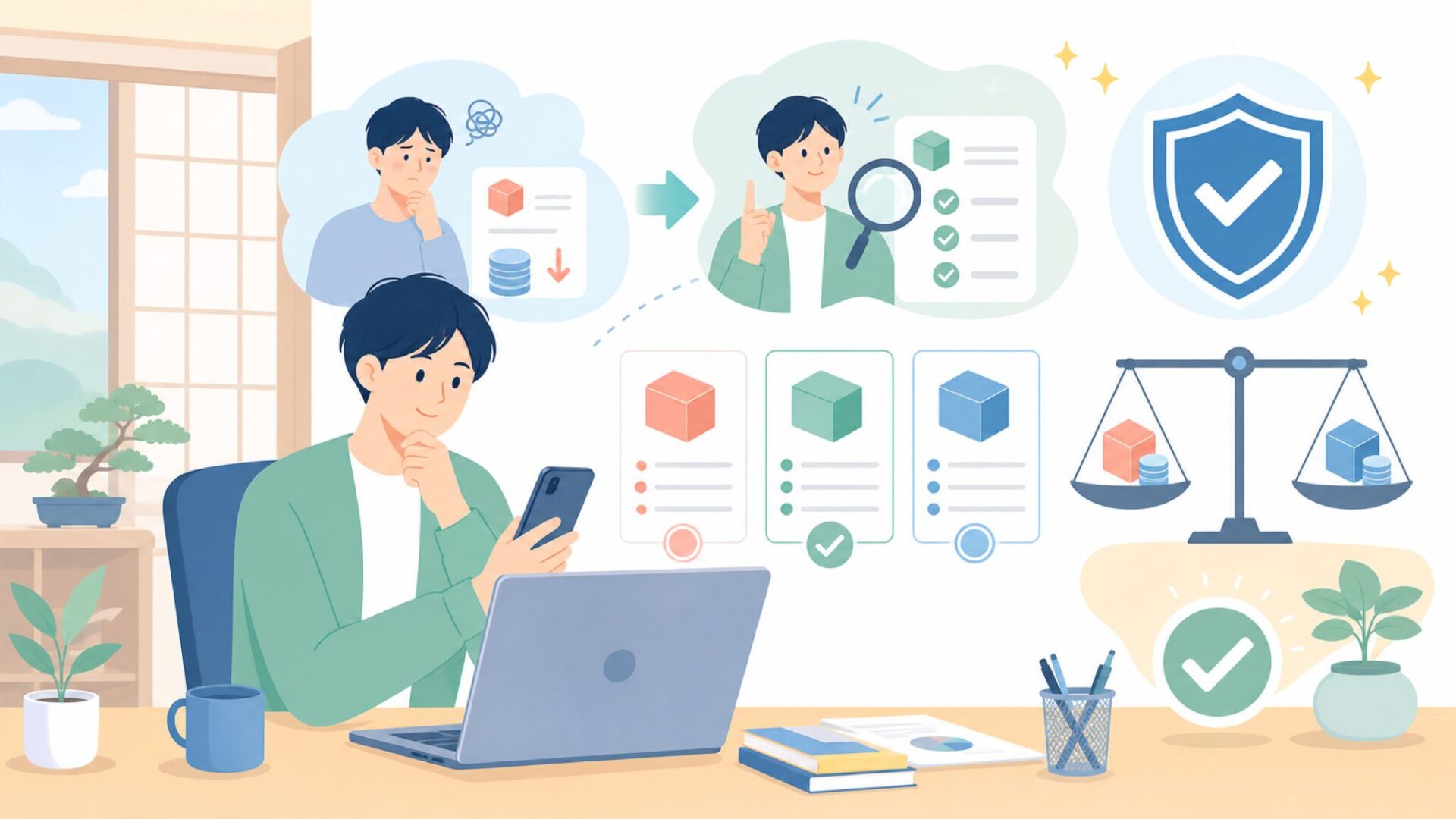 価格が安い理由と有名メーカーとの比較基準を表すイラスト