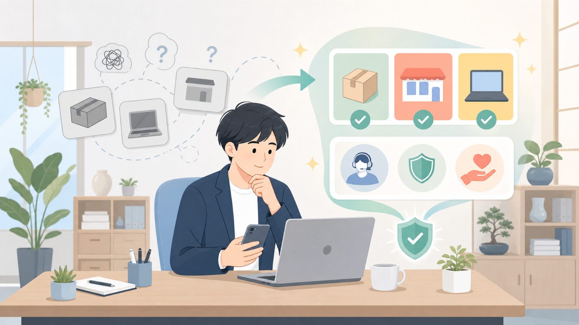 信頼できる購入先とサポート体制を見極めるを表すイラスト