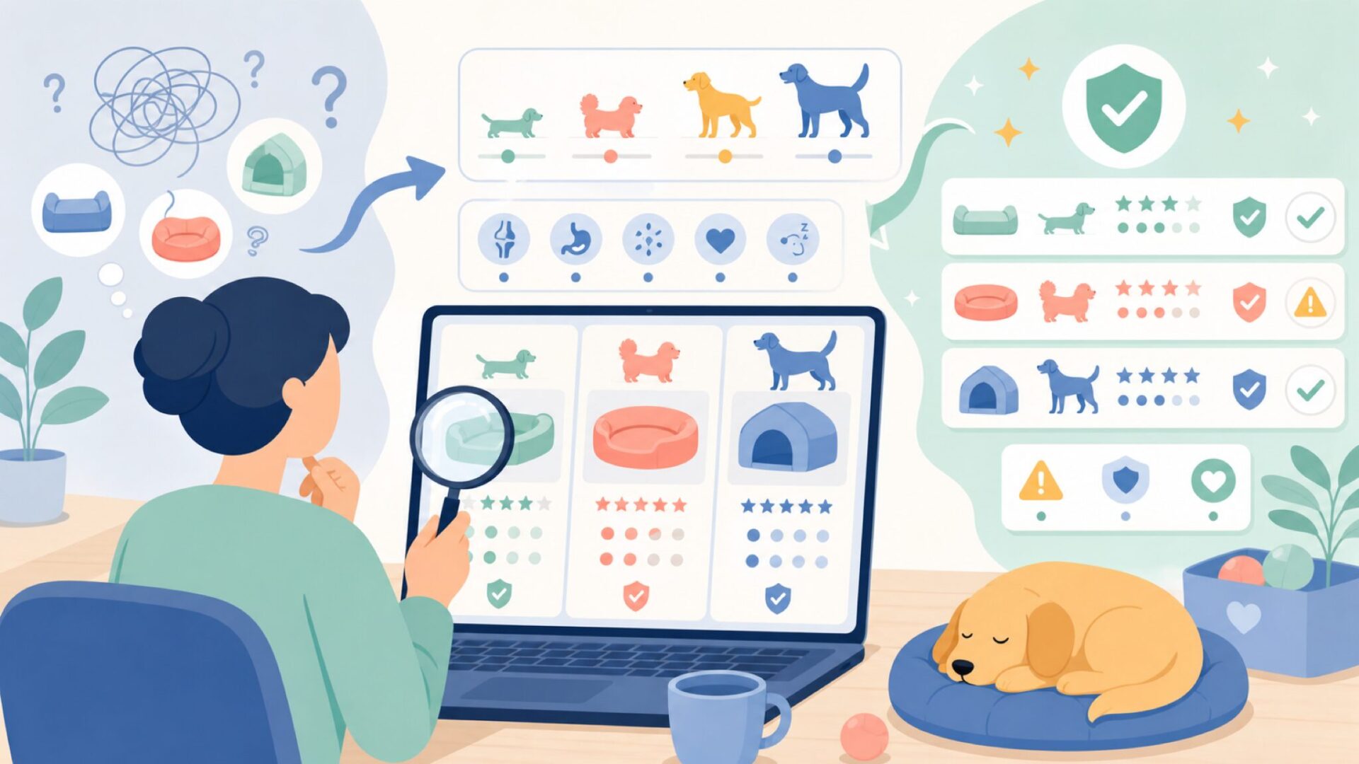 犬種・体格・悩み別モデルの選び方を表すイラスト