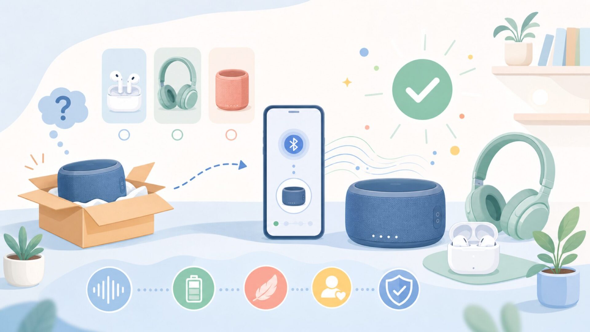 Bluetoothスピーカーのペアリング方法と使い方を表すイラスト