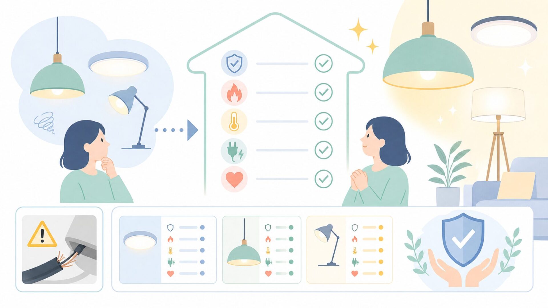 購入前に確認したい安全性のチェックポイントを表すイラスト