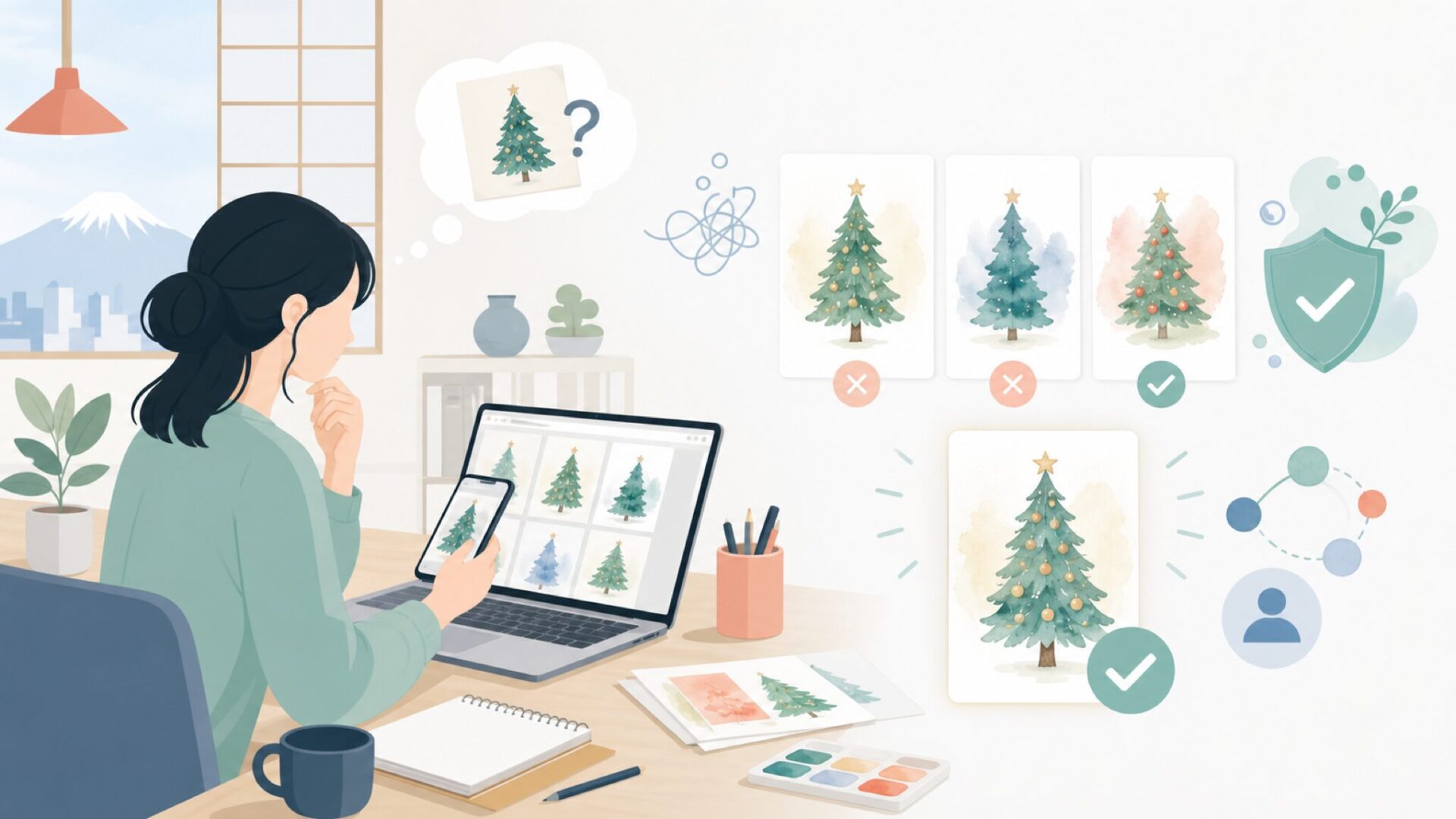 水彩風クリスマスツリーの作例に見るGina K Designsの作風を表すイラスト