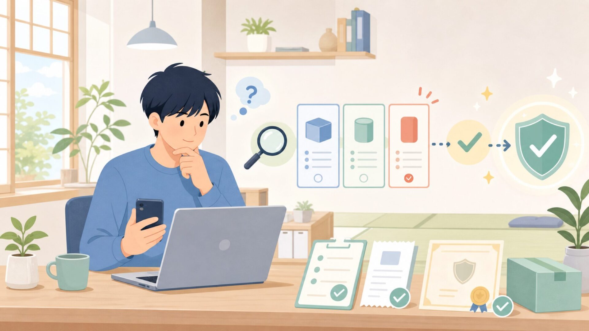 日本で購入するときに確認したい注意点を表すイラスト