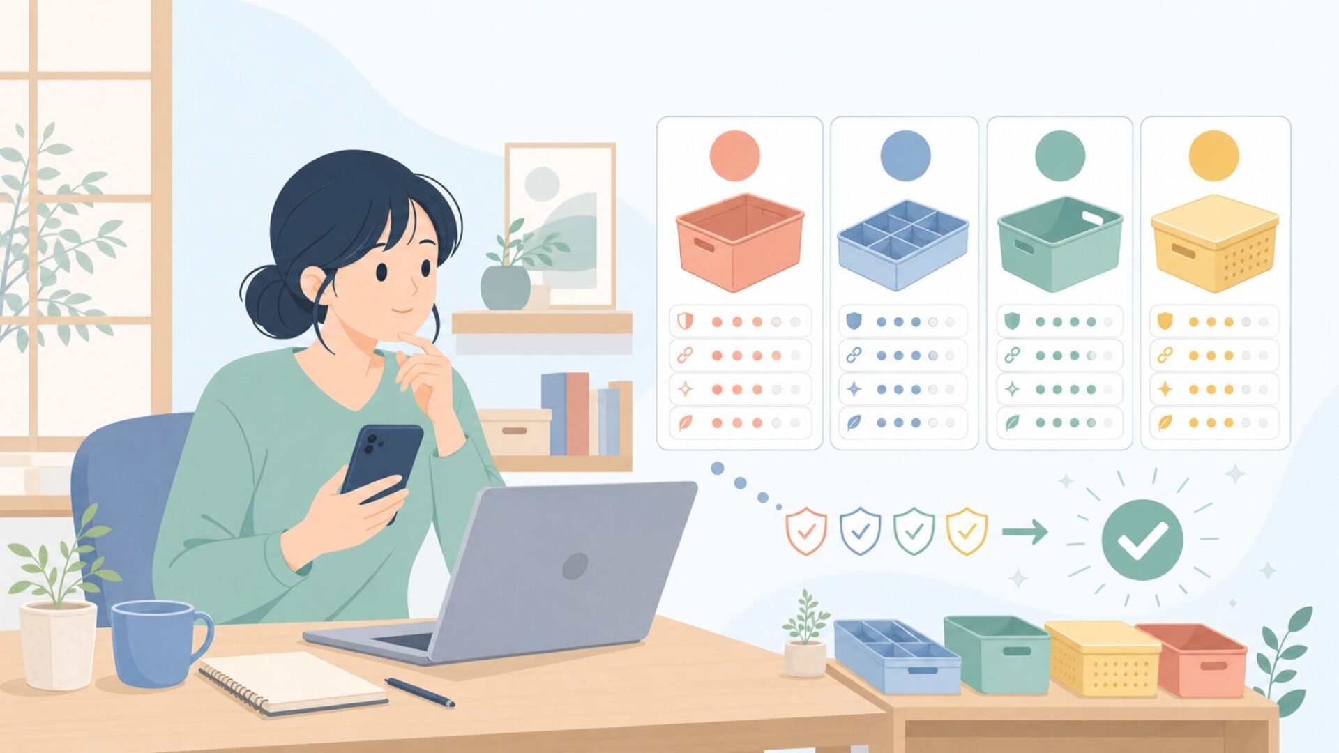Madesmartと似た収納ブランドを比べてみるを表すイラスト