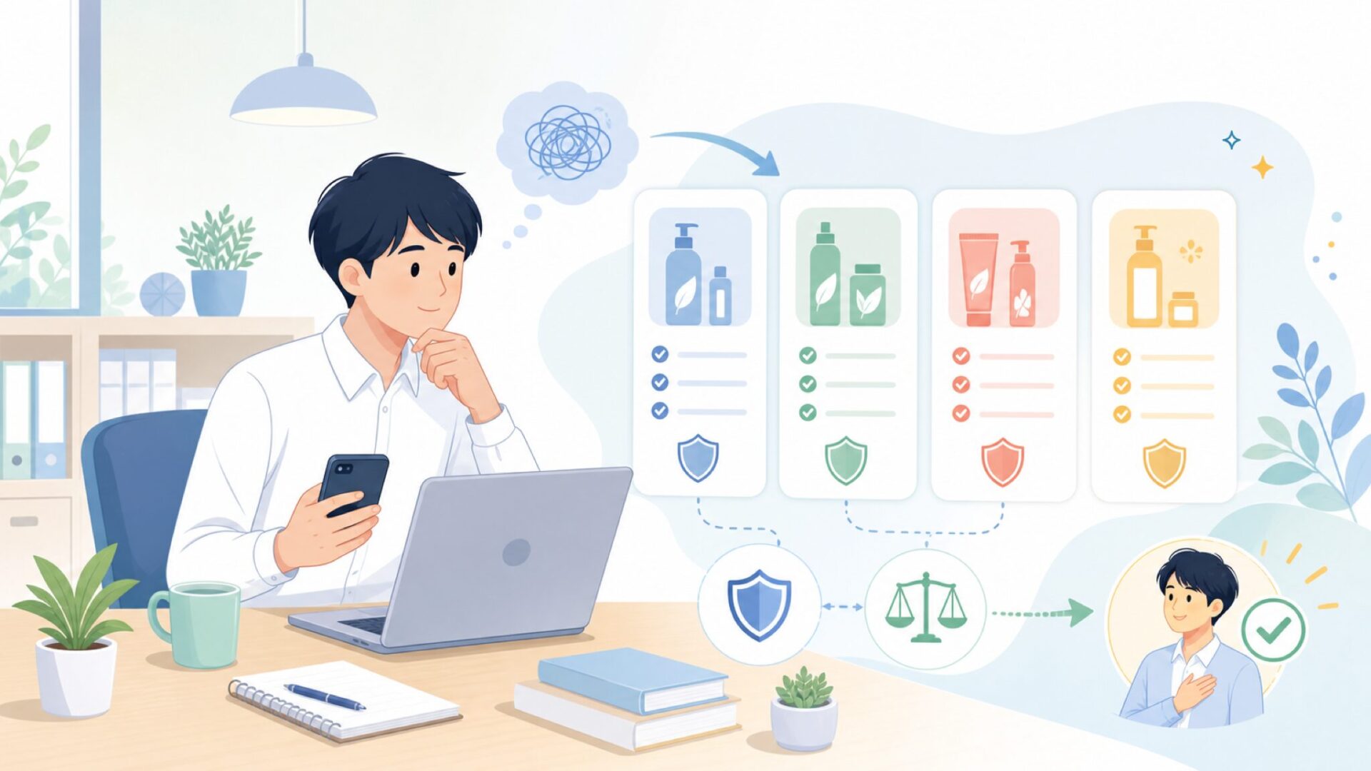 TropiCleanの商品ラインナップから選び方を考えるを表すイラスト