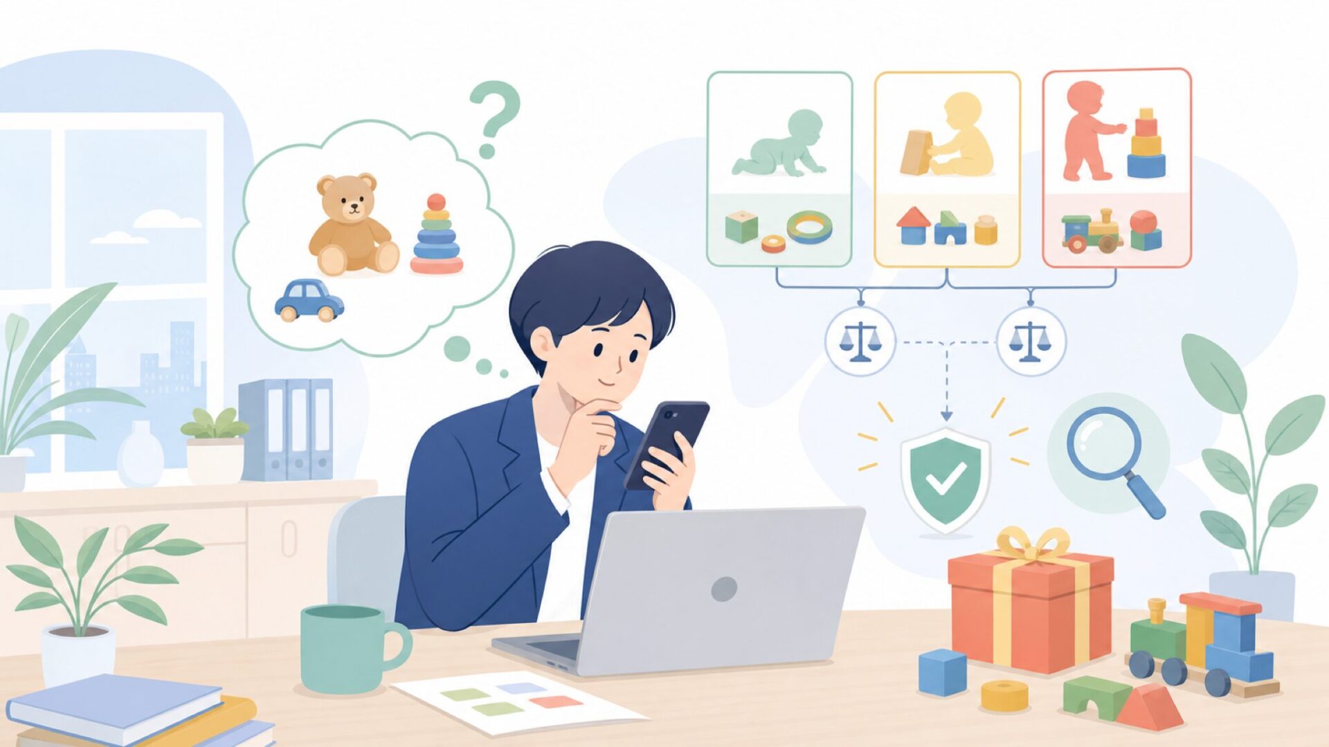 年齢別にみるBigjigsおもちゃの選び方とプレゼント活用を表すイラスト