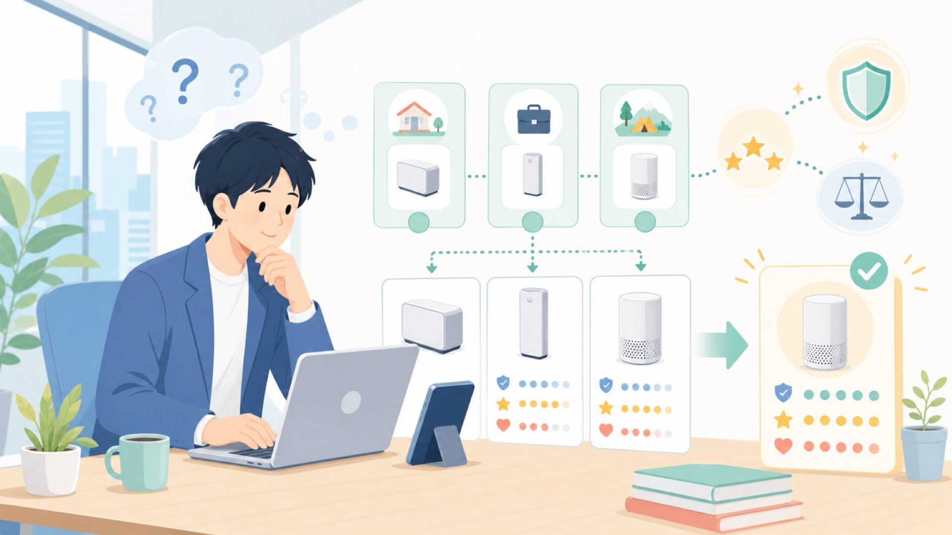 用途に合わせた選び方——おすすめモデル比較を表すイラスト