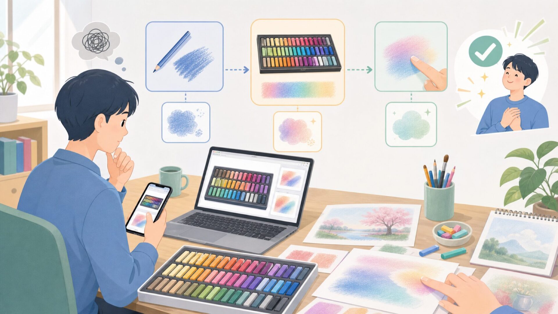 ニューパステル96色セットの魅力と用途を表すイラスト
