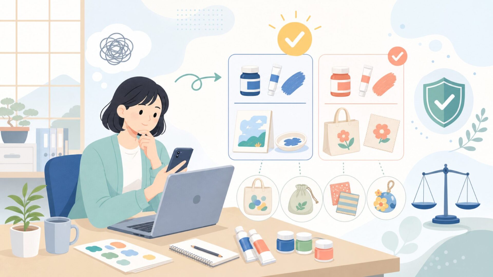 ガッシュや布絵の具、絵画以外にも広がる使い道を表すイラスト