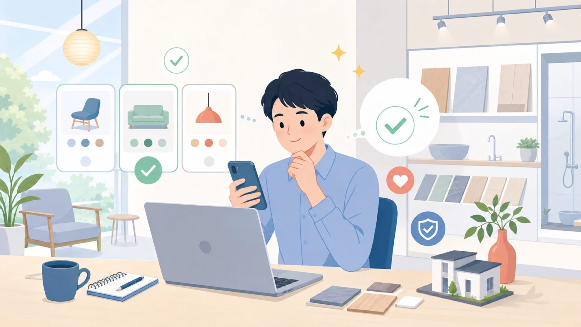 後悔しないための選び方とショールームでの確認事項を表すイラスト