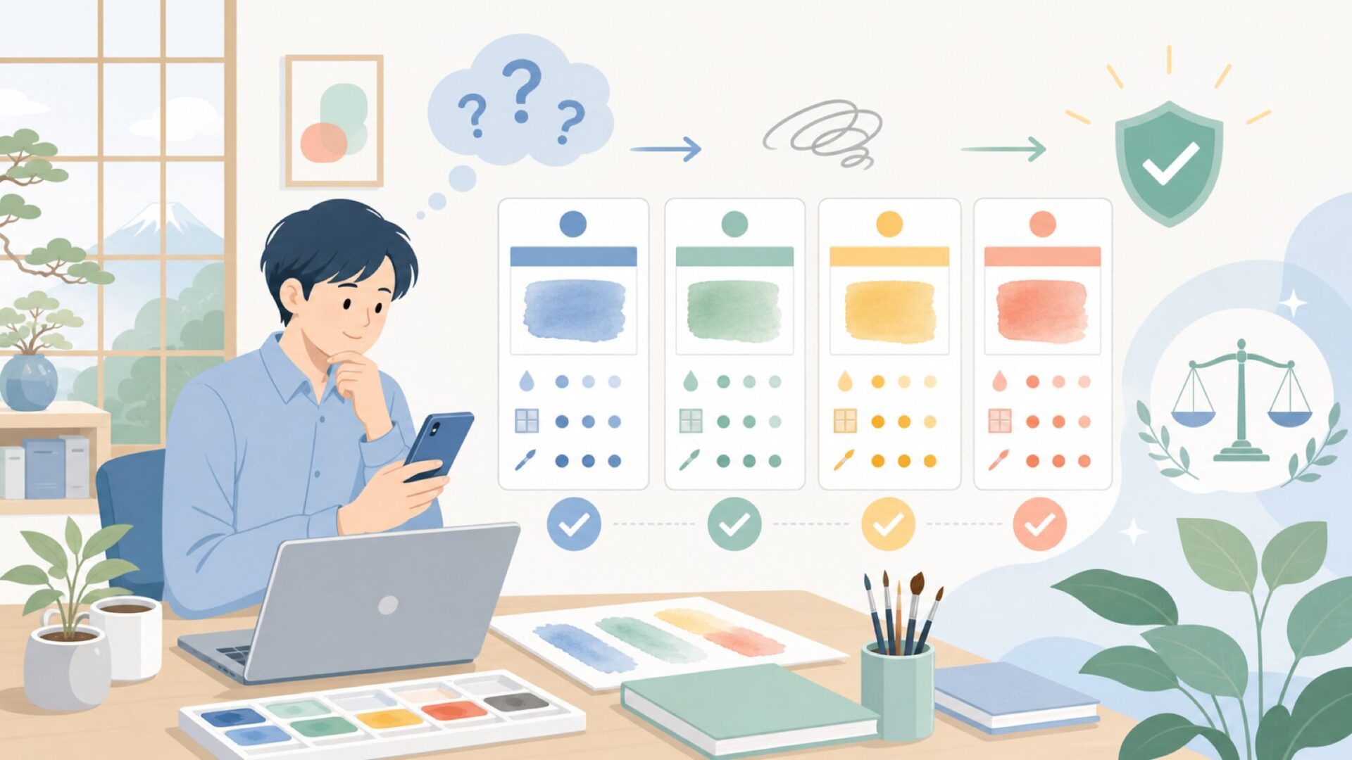 他の水彩絵具メーカーとの違いを比較するを表すイラスト