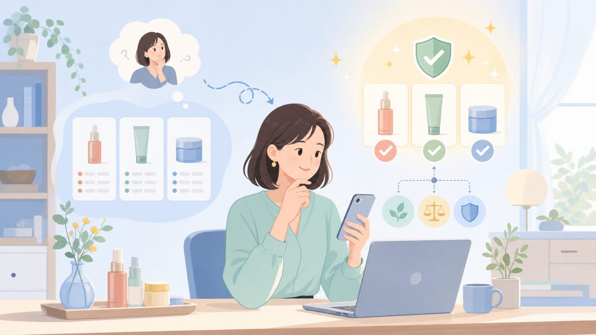 d'Albaが30代女性に刺さる理由：ラグジュアリー×日常使いを表すイラスト