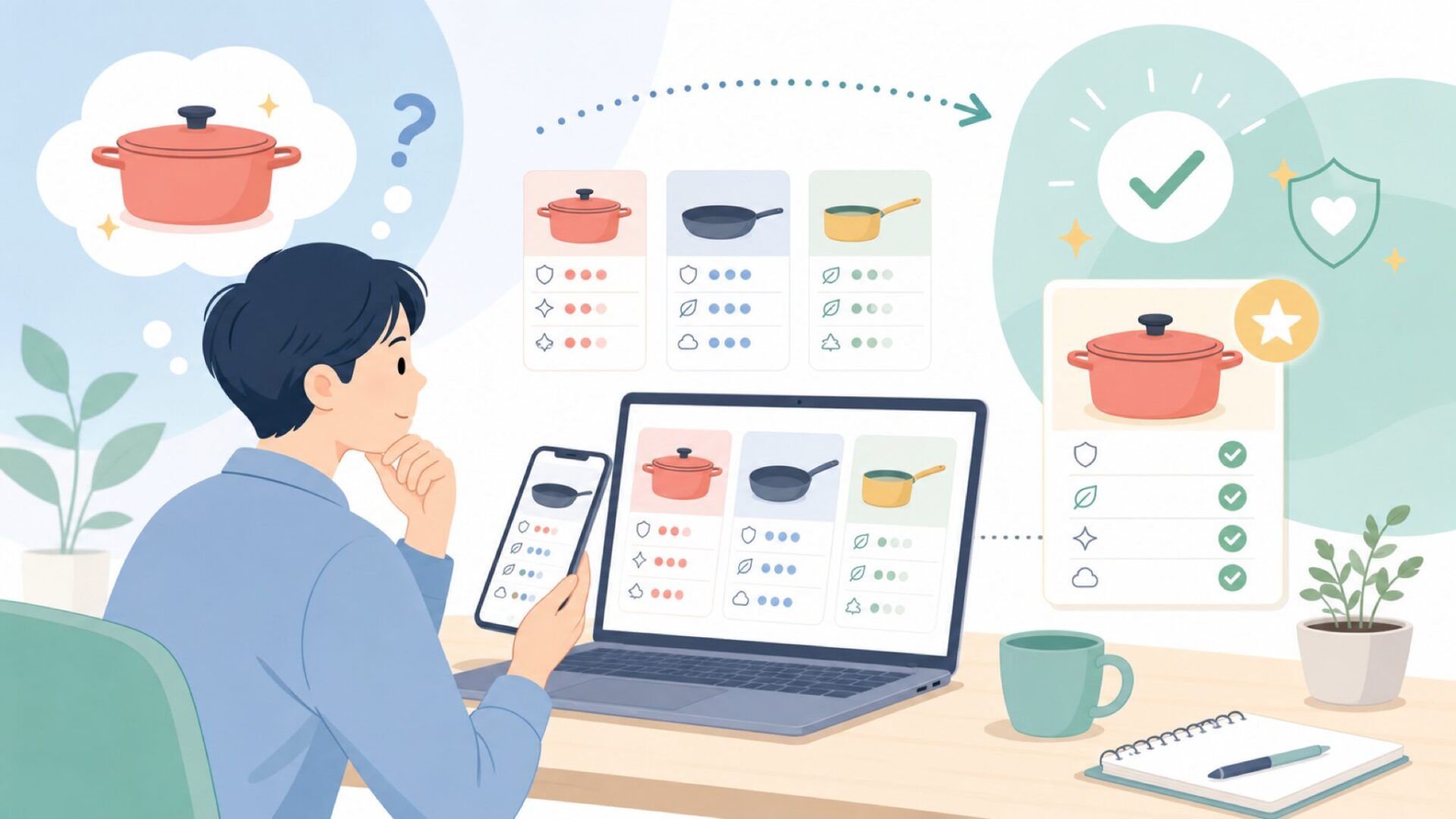 価格に見合う?他の調理器具ブランドと比べてわかる強みを表すイラスト