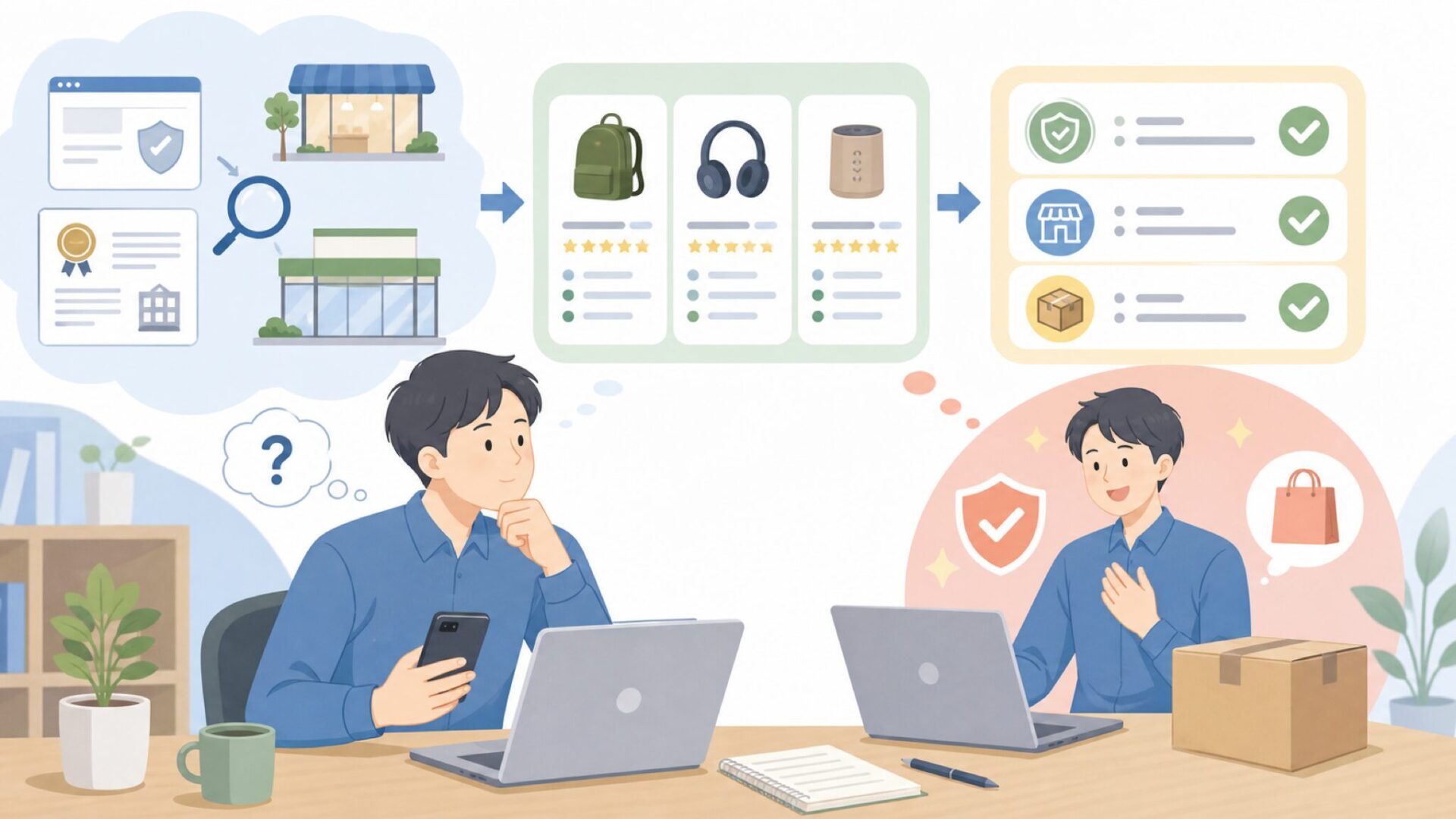 購入前に確認したい公式情報と店舗を表すイラスト