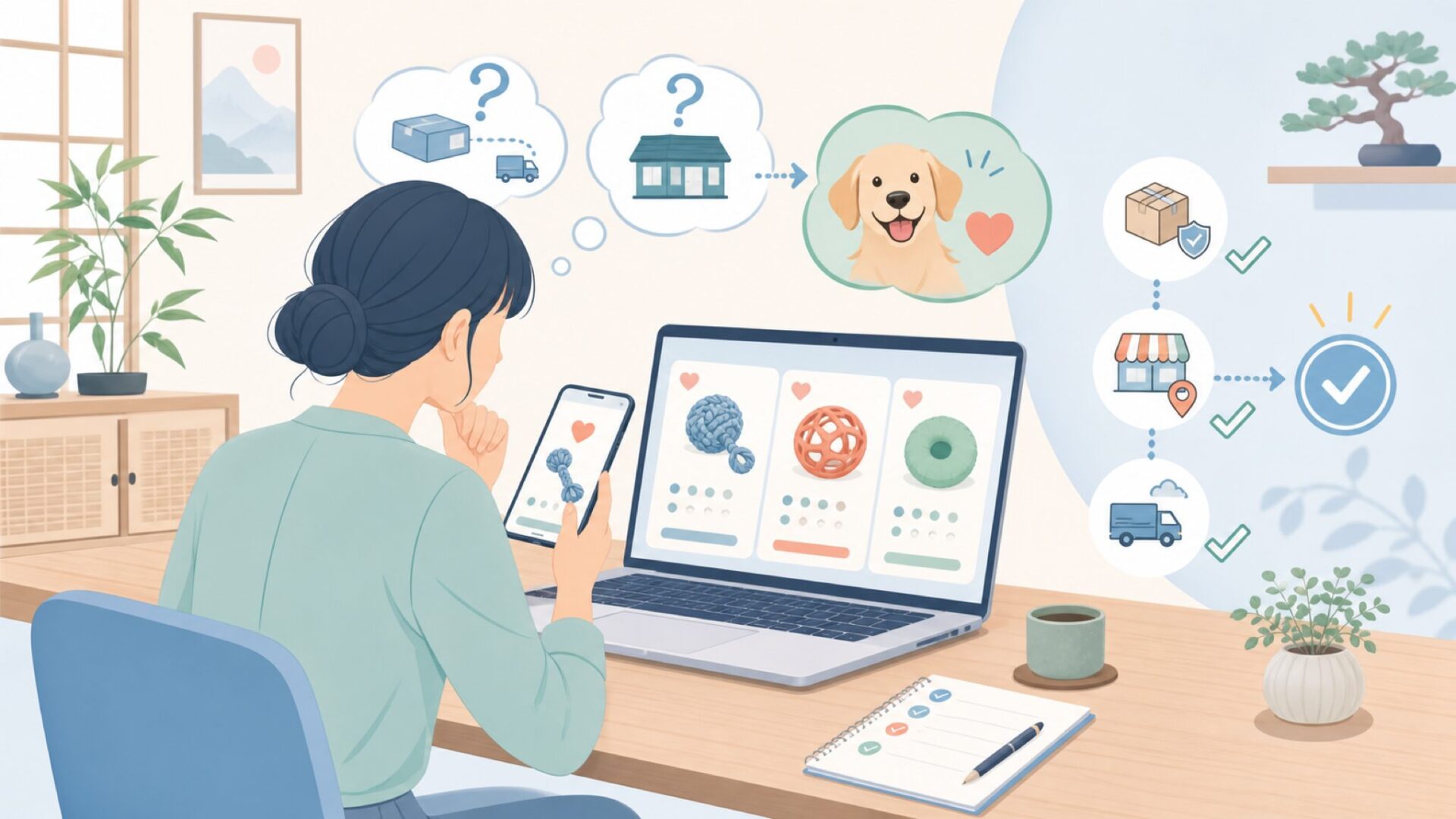 愛犬に合うGoDog商品を選ぶための確認ポイントを表すイラスト