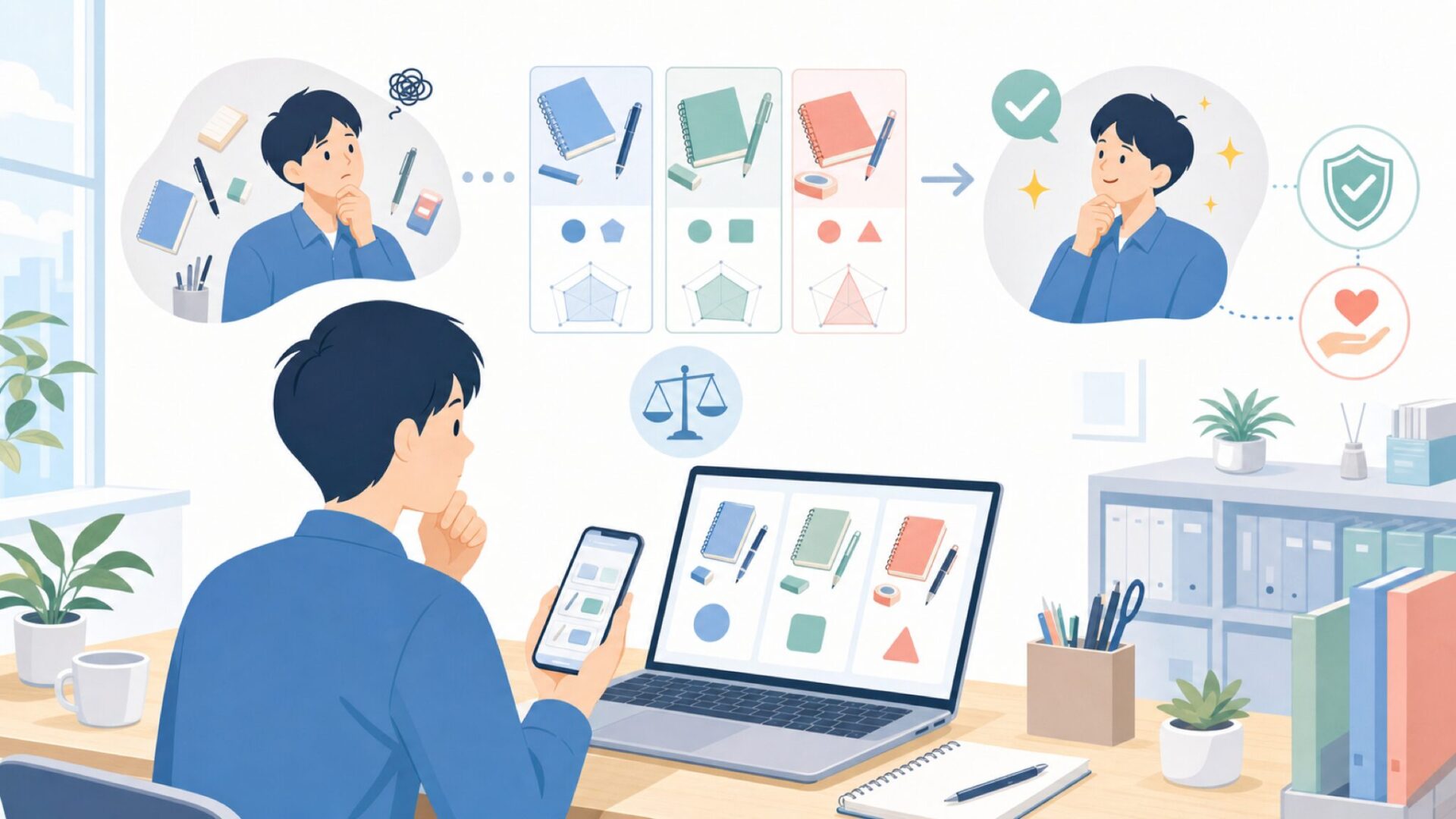 日本の文具ブランドとの違いで選び方を判断するを表すイラスト