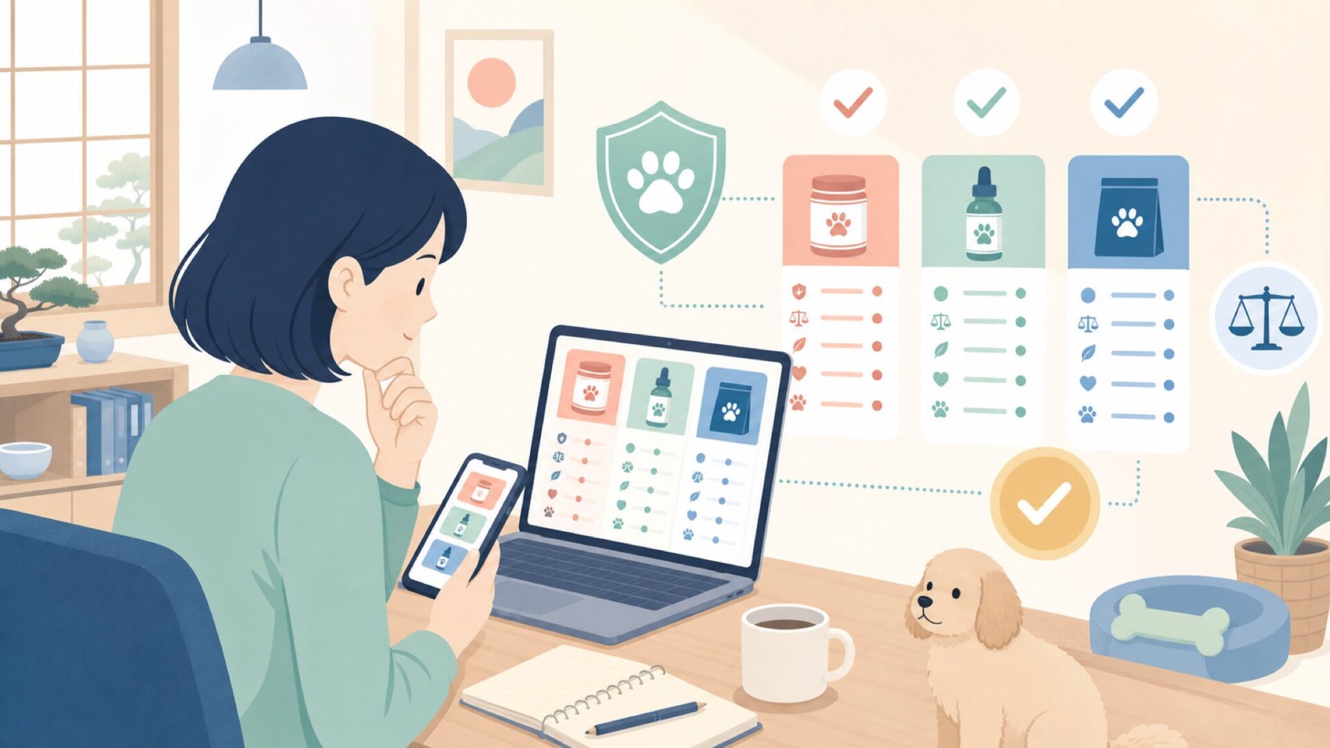 愛犬に合うVetIQ製品を選ぶときの比較軸を表すイラスト