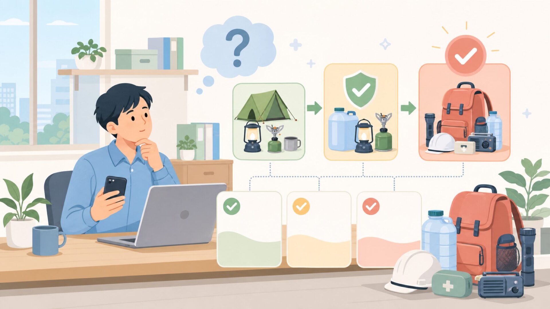 防災用品としてのKOVEA — キャンプ道具は災害時にも役立つかを表すイラスト