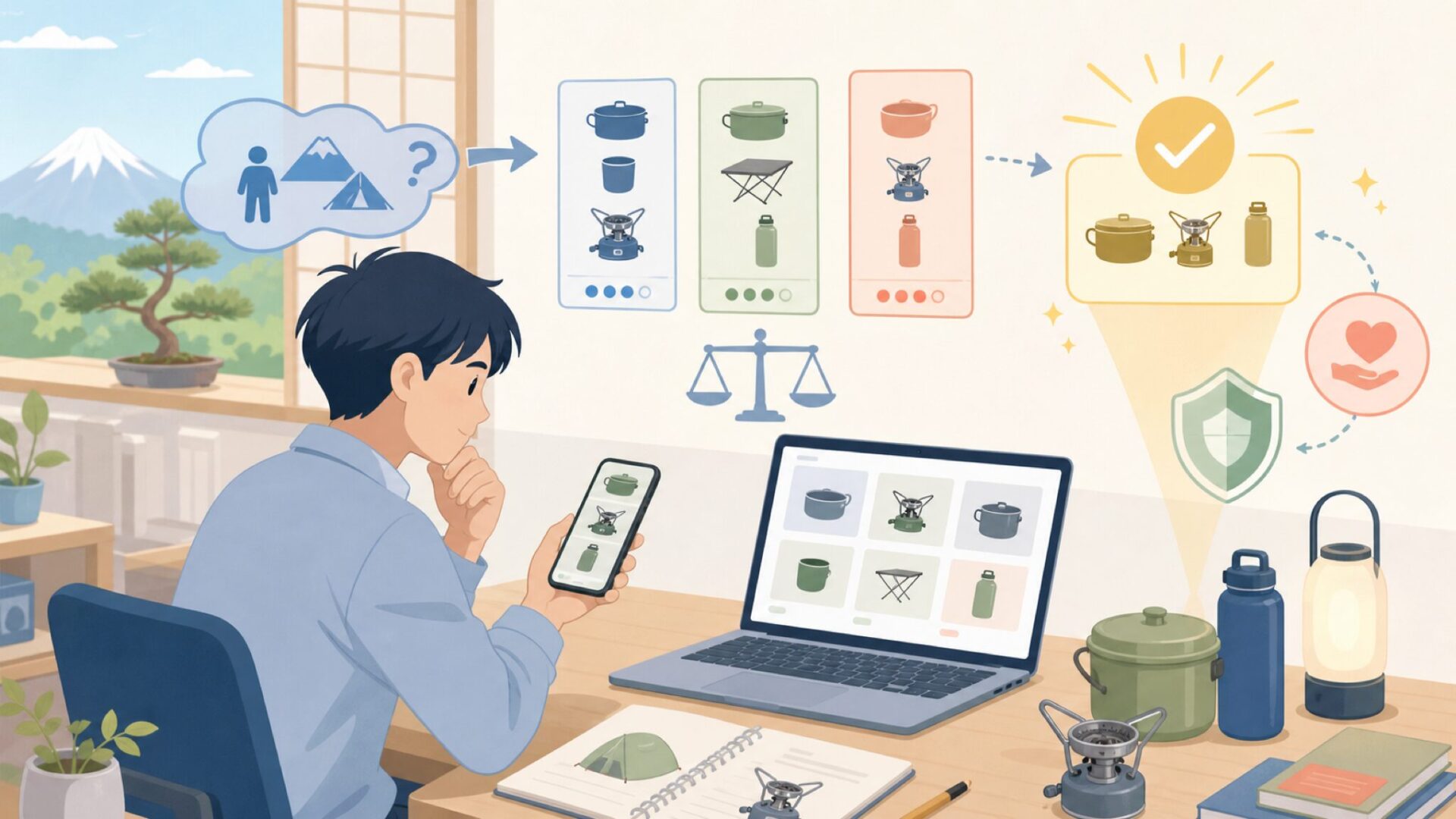 自分の用途に合うエバニュー製品を選ぶポイントを表すイラスト