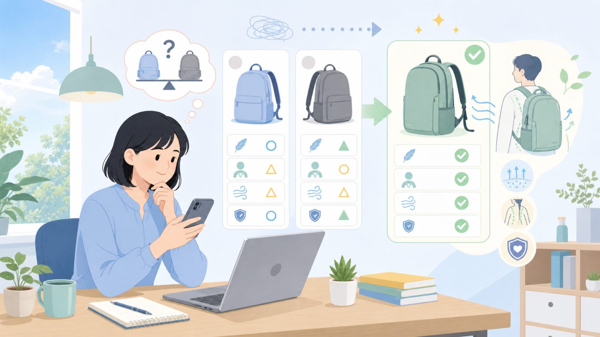 軽さだけで選ばない、背負い心地と通気性のチェックポイントを表すイラスト