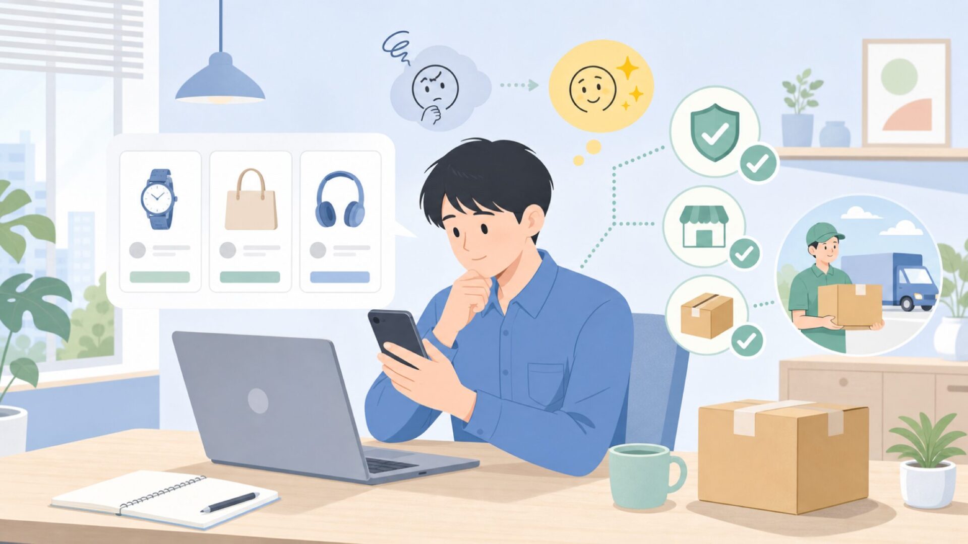 購入前に確認したいご利用案内（正規品・配送）を表すイラスト