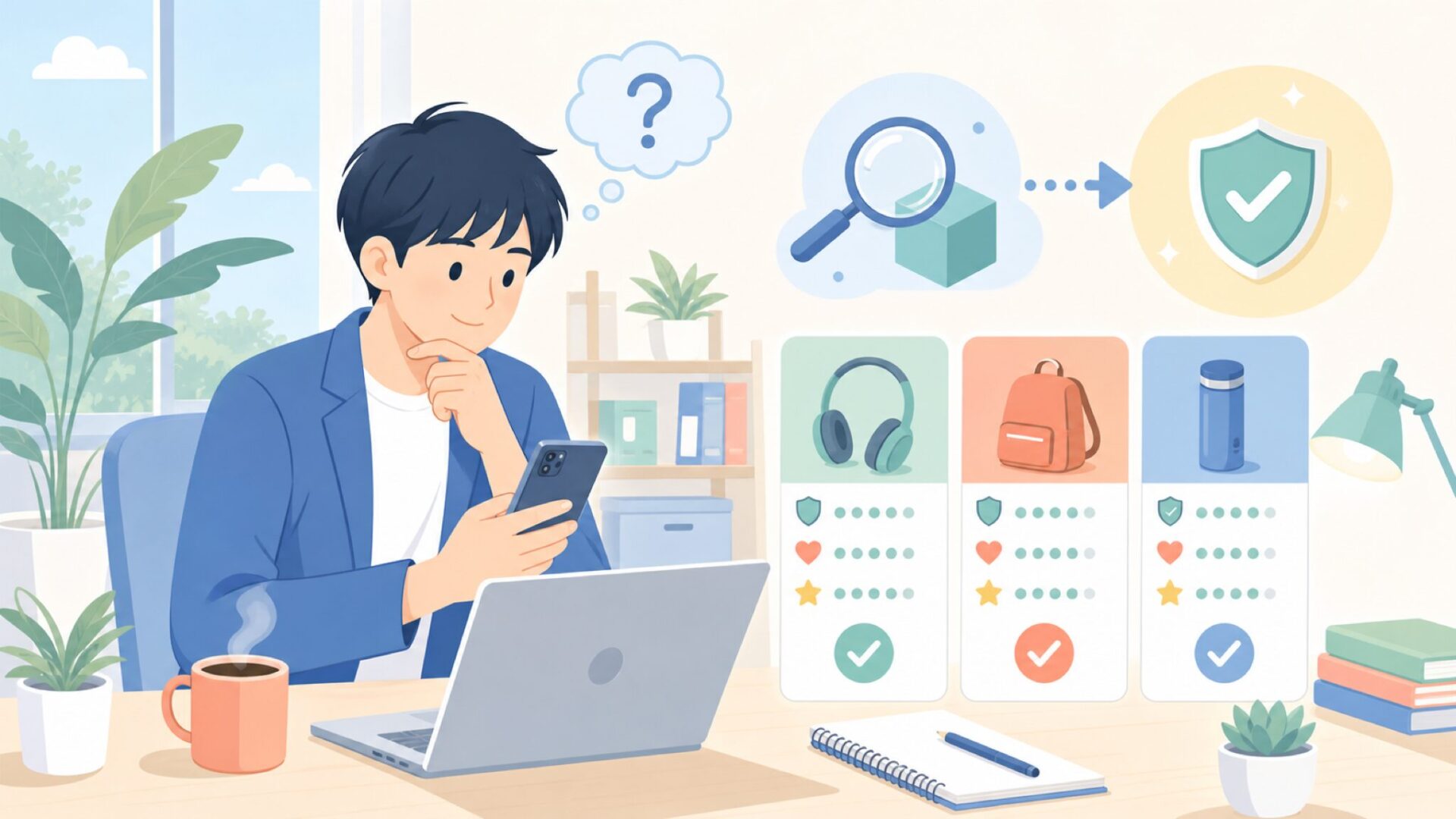 購入前に確認しておきたい注意点を表すイラスト