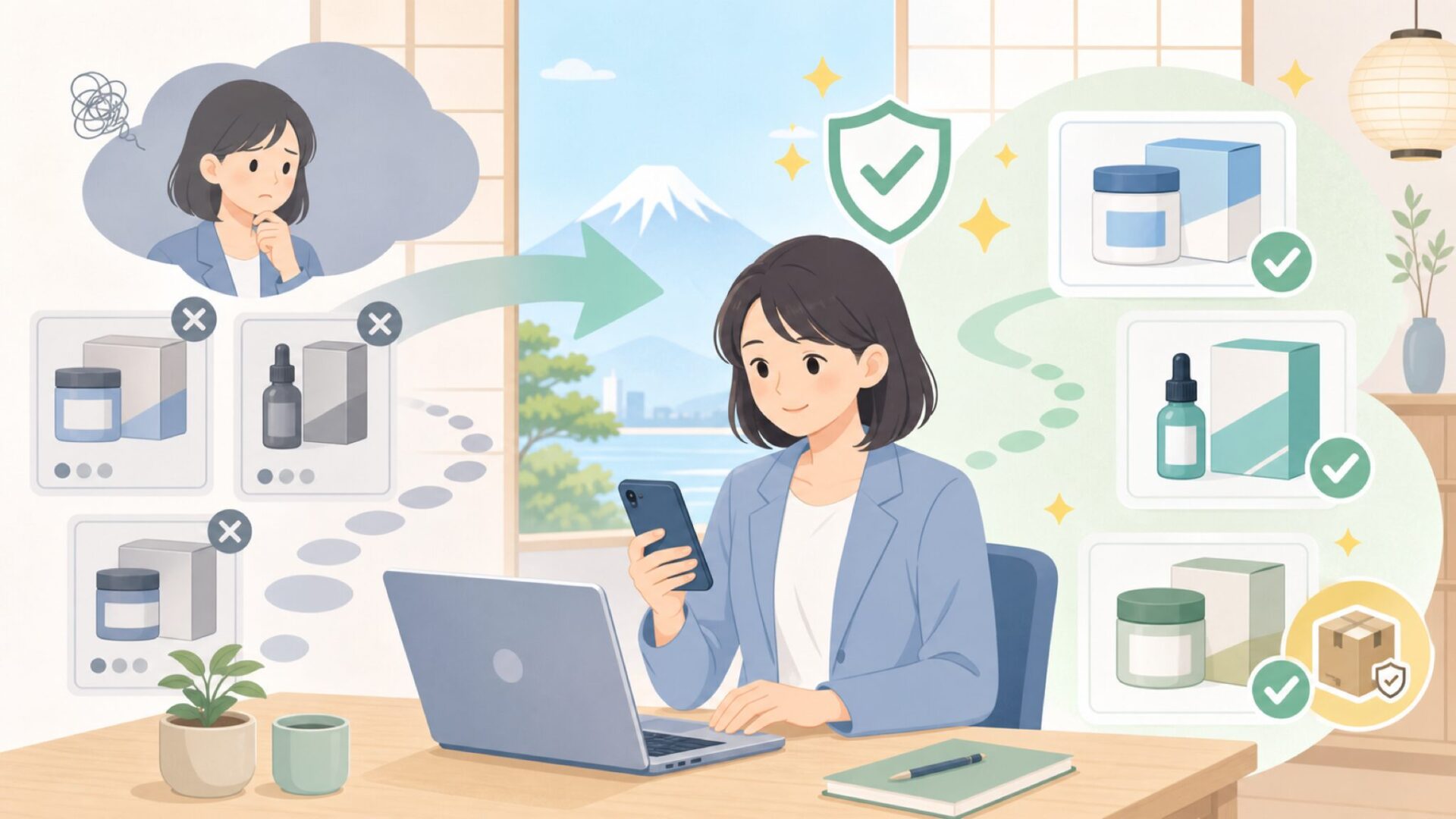 日本で正規品を安心して購入する方法を表すイラスト