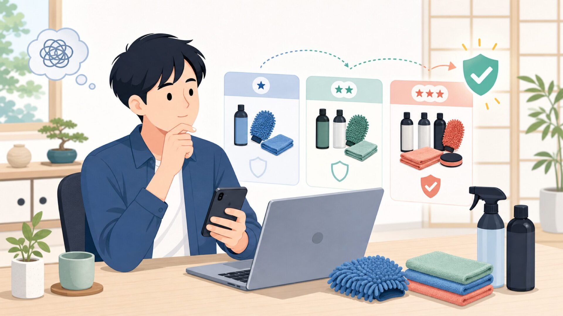 洗車レベル別おすすめCarProアイテムを表すイラスト