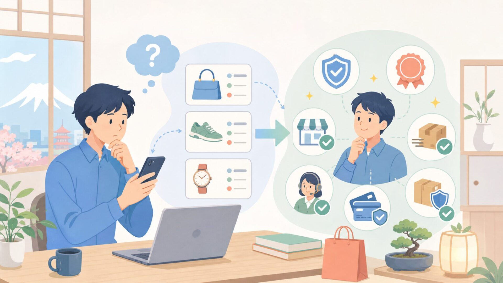 日本で購入する際に確認したいポイントを表すイラスト