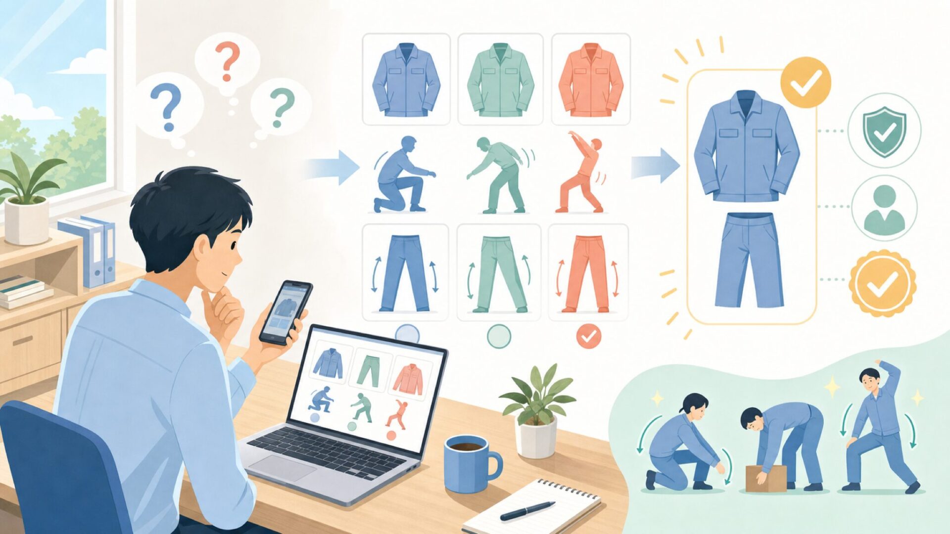 動きやすさが評判のストレッチ作業着を表すイラスト
