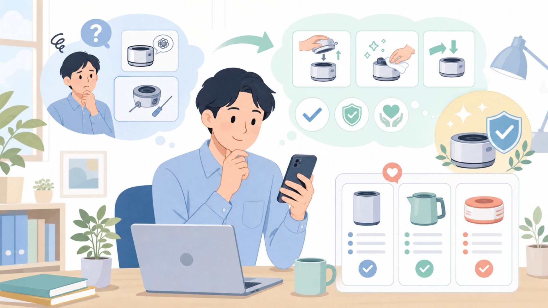 購入後に困らないための使い方とメンテナンスを表すイラスト