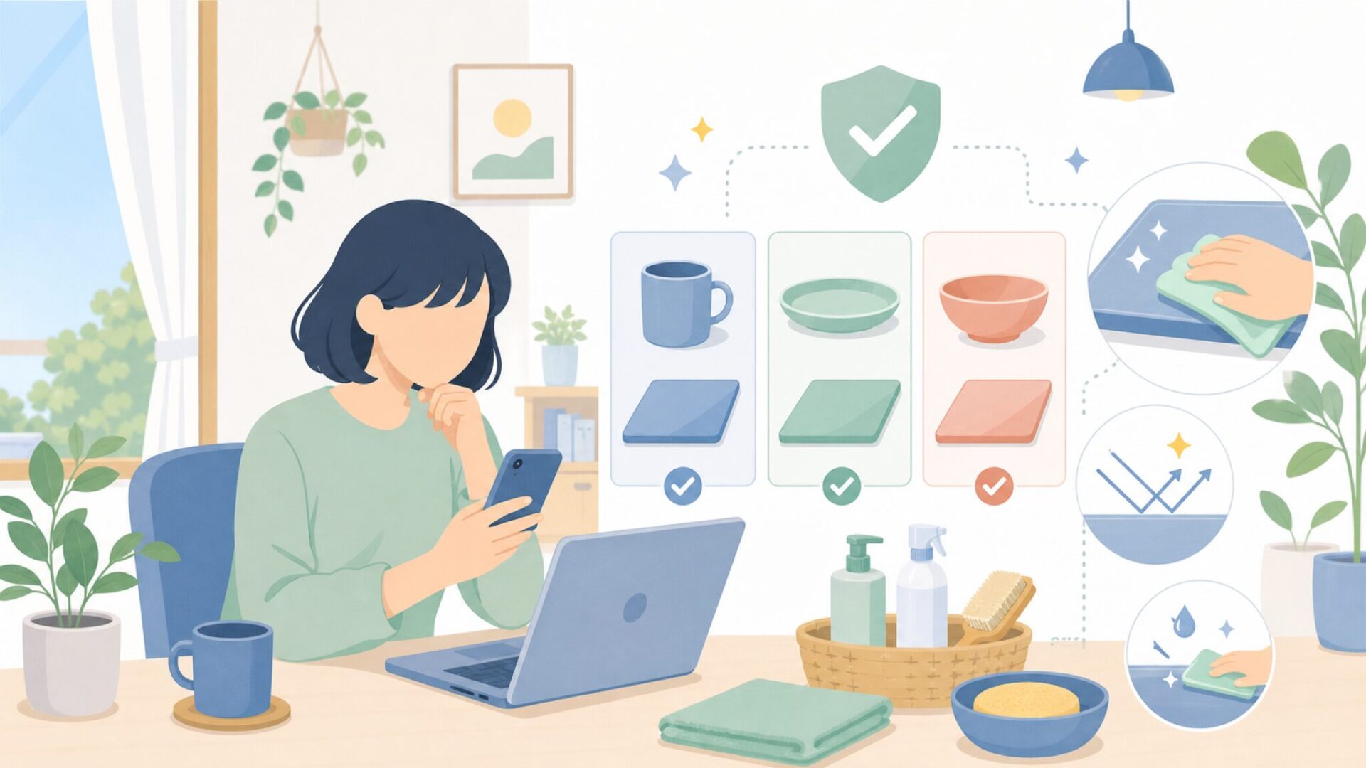 傷つきにくさを活かした毎日の使い方とお手入れを表すイラスト