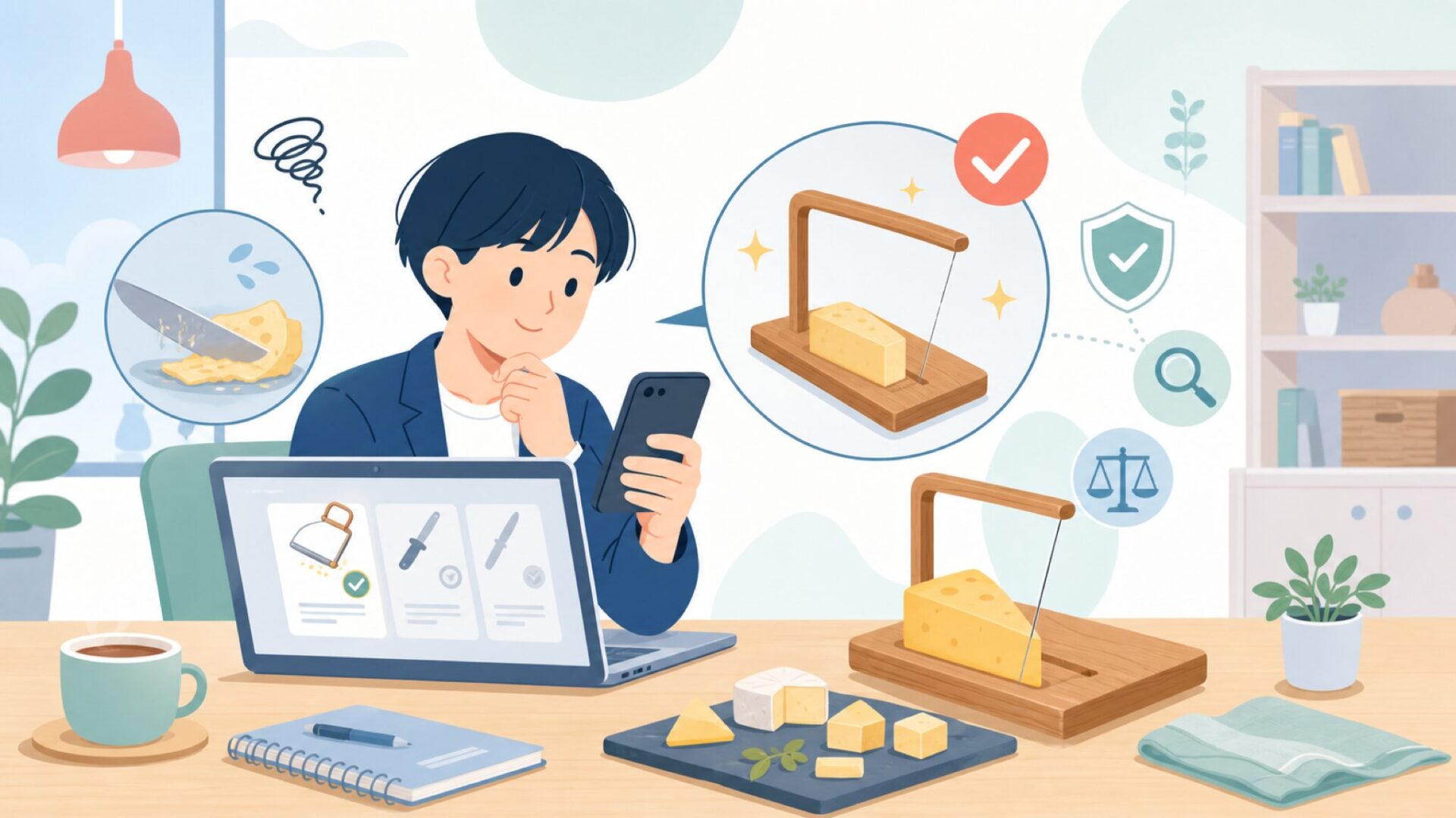 代表アイテム3 カッティングワイヤー&ボード ― チーズを美しく切る道具を表すイラスト