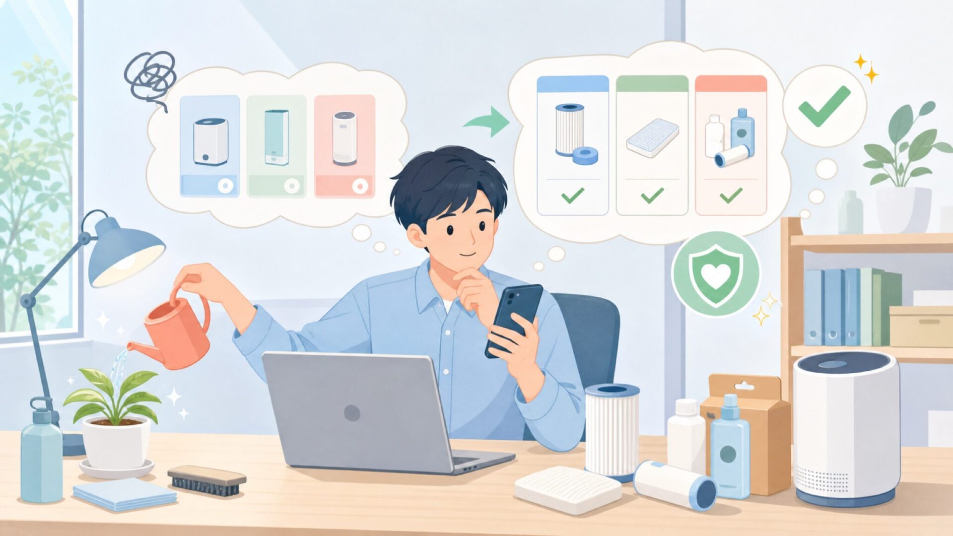 購入後に困らないためのメンテナンスと消耗品を表すイラスト