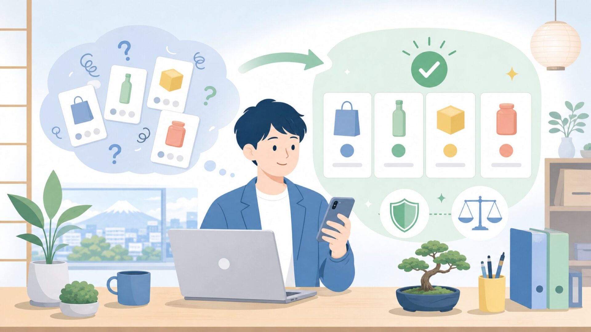価格・購入場所で損をしないためのチェックポイントを表すイラスト