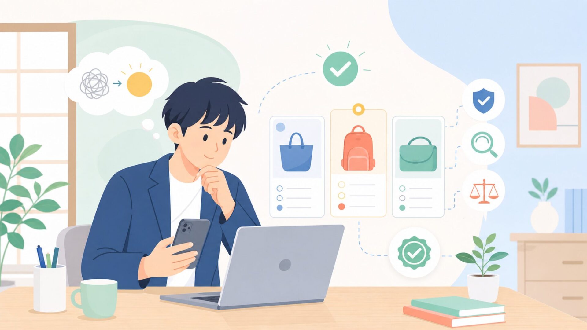 購入前に確認したいチェックポイントを表すイラスト