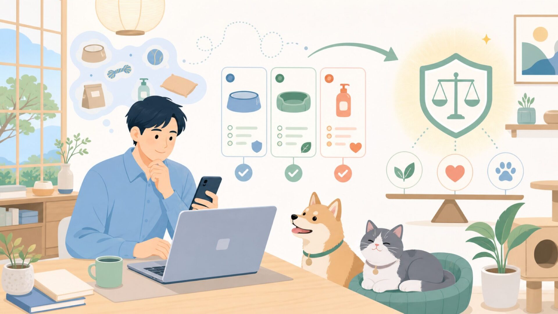 愛犬・愛猫に合うEthical Pet商品の選び方を表すイラスト