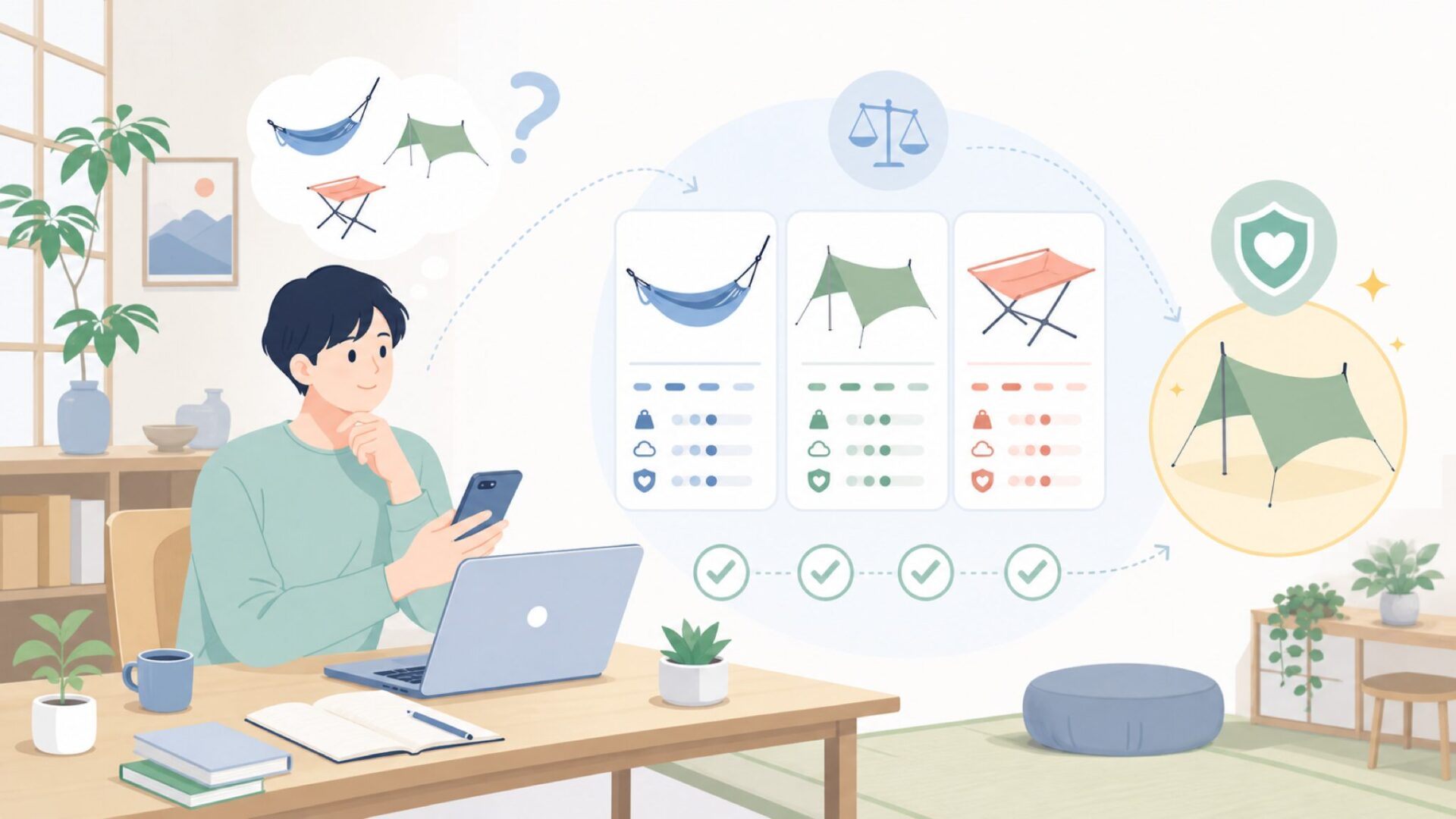 Kammokの代表アイテムと選び方のポイントを表すイラスト