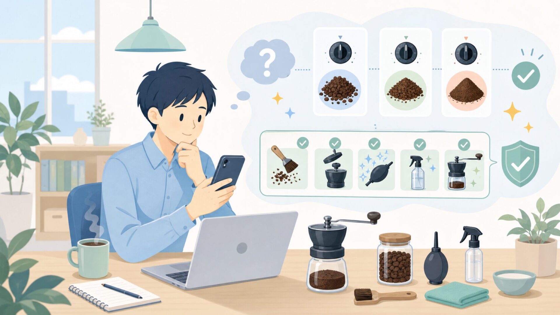 挽き方とお手入れの基本を押さえておくを表すイラスト